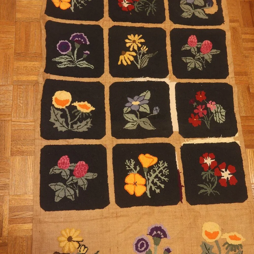 Vintage Hand-Hooked Floral Rug 56x35 Primitive Cottage Core Area Mat
